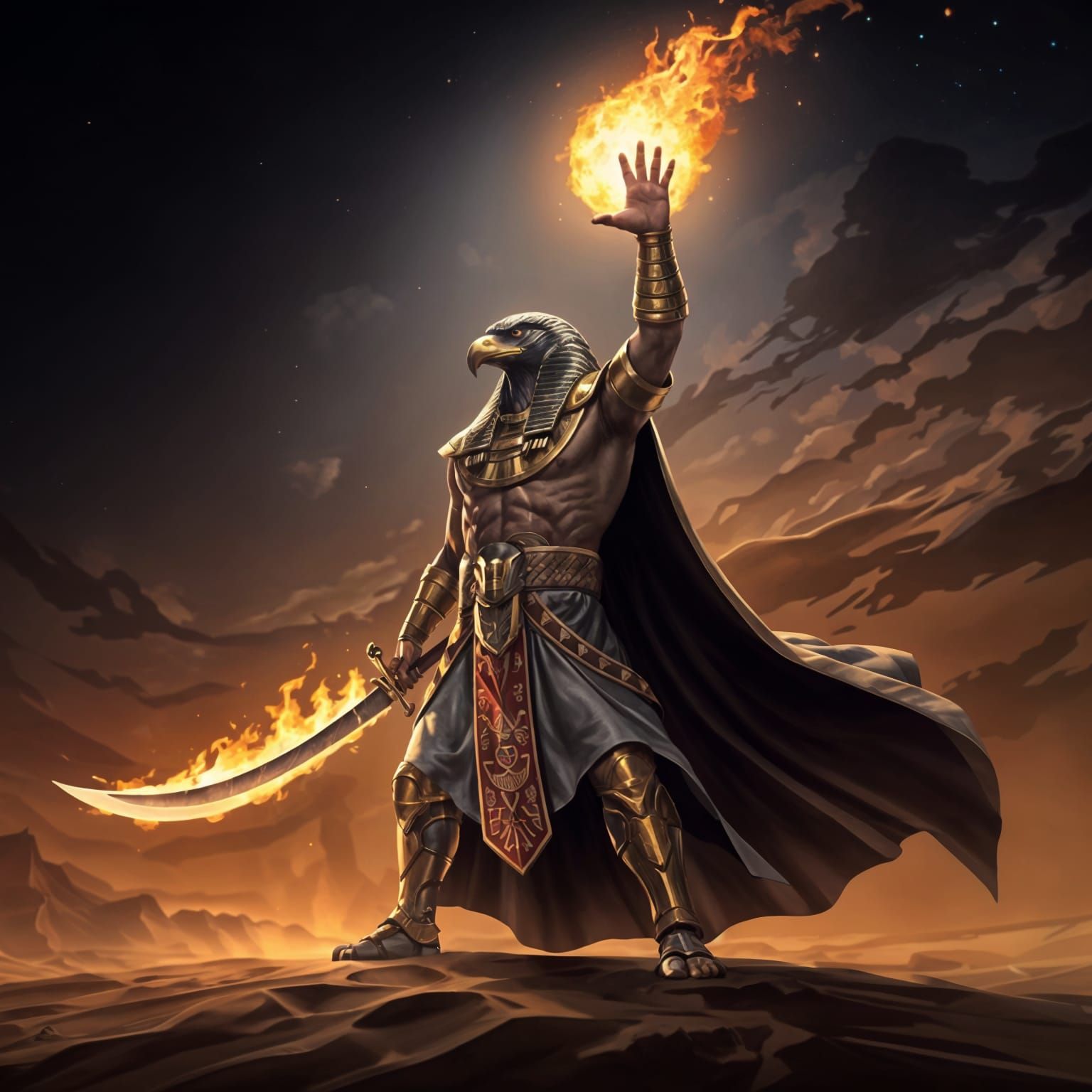 Egyptian Commander Rises with Flaming Sword in Ethereal Nigh...