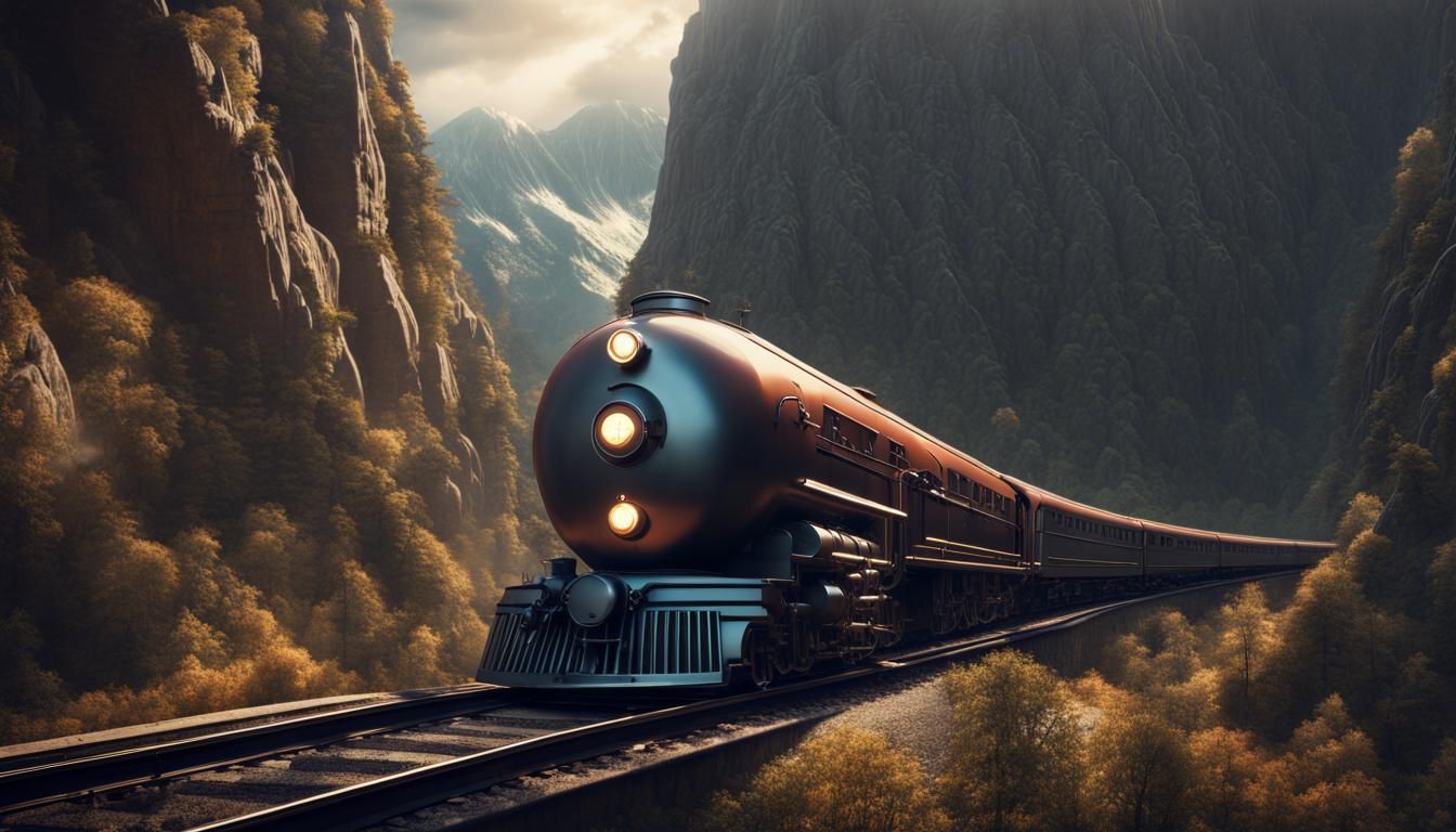 Art Deco Train Emerges from Mountain: Fantasy Art