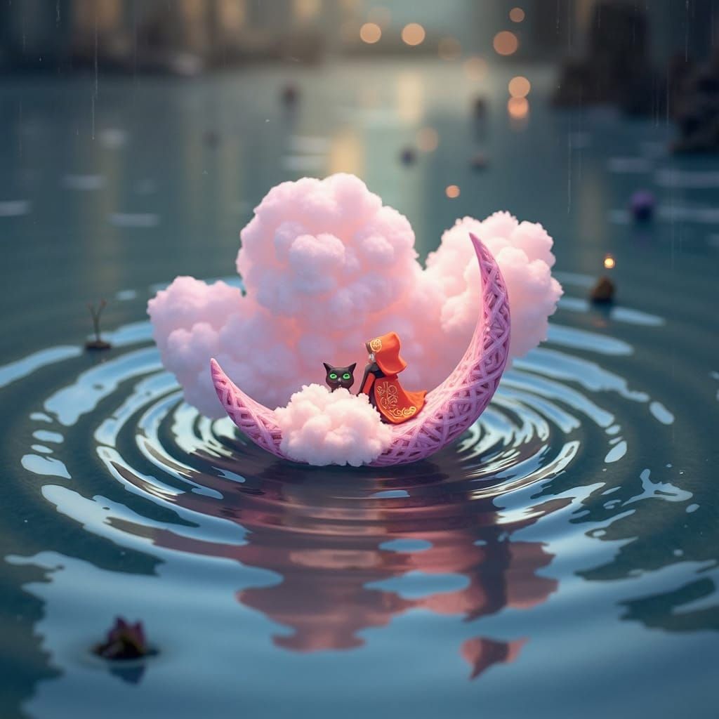 Girl on Moon Over Neon Cityscape