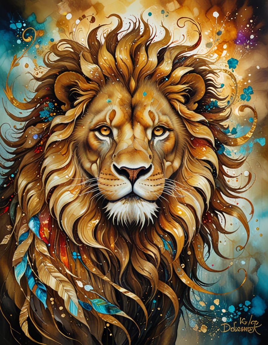 Surreal Lion Kind Beast Guards Village as Alcohol Ink Painti...