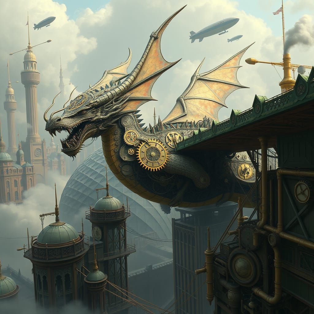Clockwork Dragon Soaring Through Steampunk Metropolis
