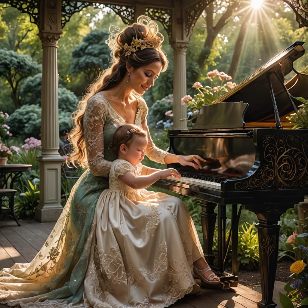 Mother and Baby Playing Piano in Garden Gazebo