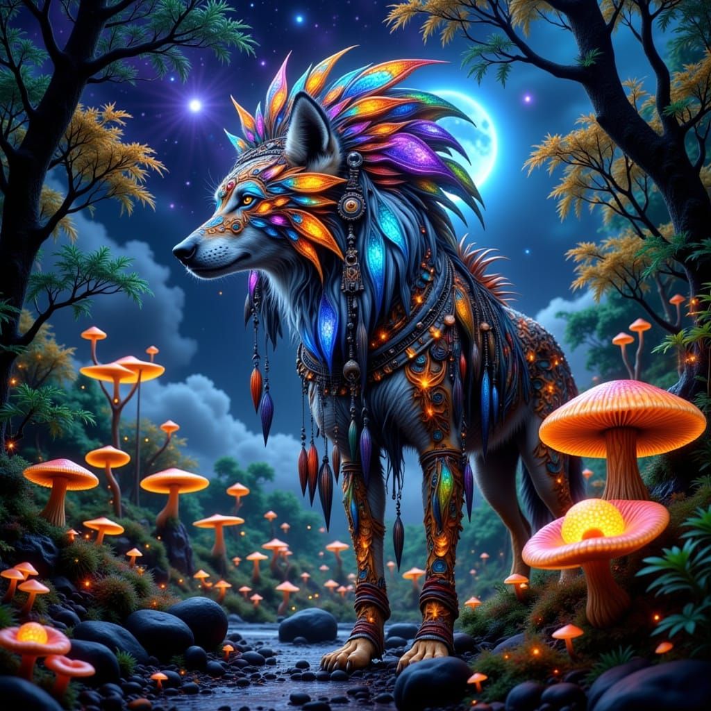 Majestic Wolf Shaman in Luminous Forest Realm