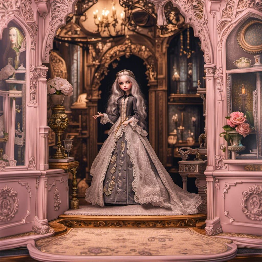 Gothic Victorian Doll Princess in Dollhouse, Detailed Art