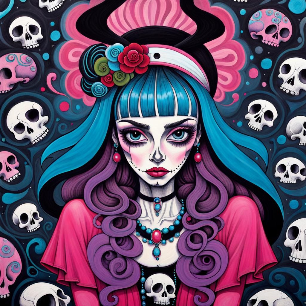 Woman with Skull Headband in Surreal Art Brut Style