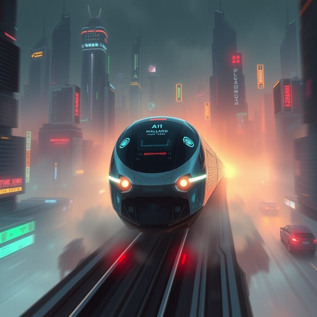 Futuristic Maglev Train Speeds Through Cyberpunk City