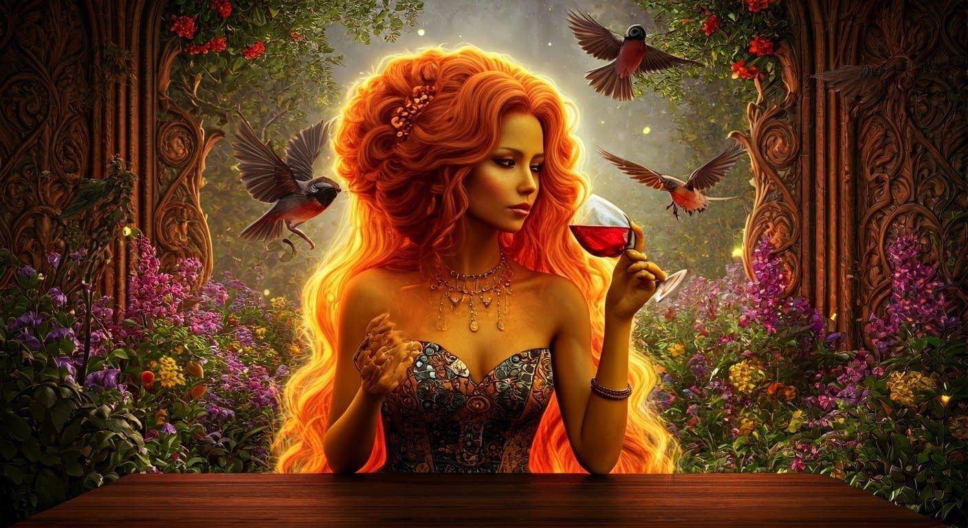 Sunset Woman Sipping Wine in Surreal Landscape