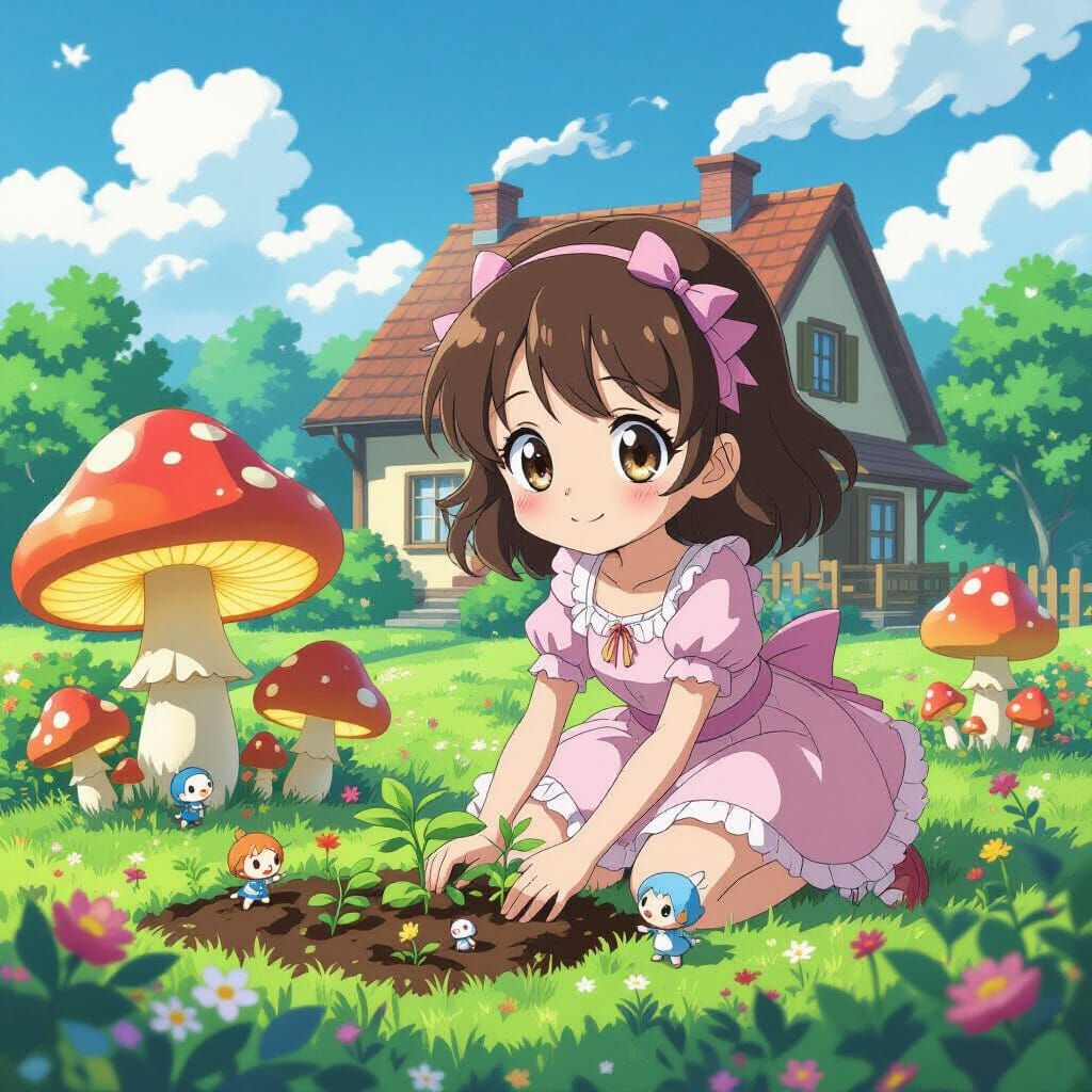 Anime Girl Tends Magical Mushroom Garden
