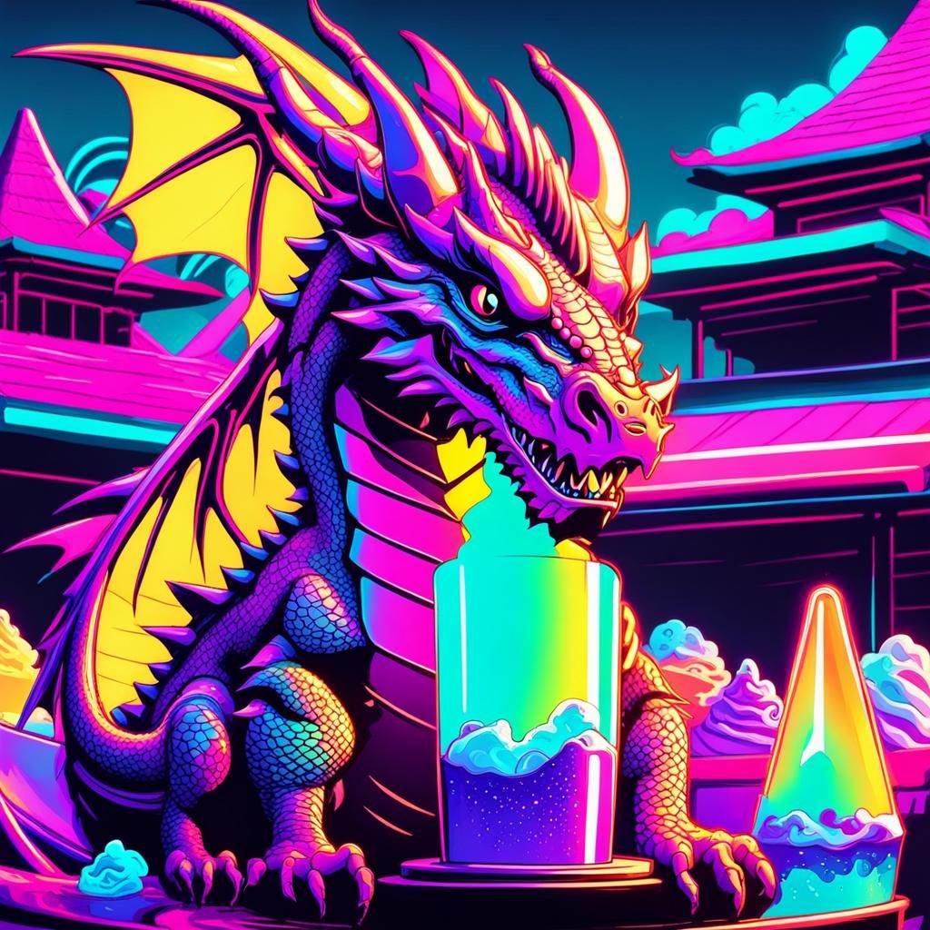Synthwave Neon Baby Ice Dragon Drinking