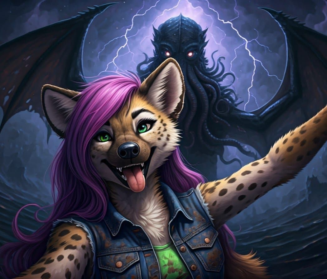 Cthulhu Emerges Behind Furry She-Hyena in Psychedelic Selfie