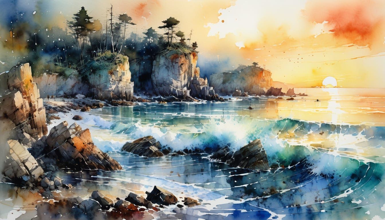 Dramatic Watercolor of Rocky Coast at Sunset