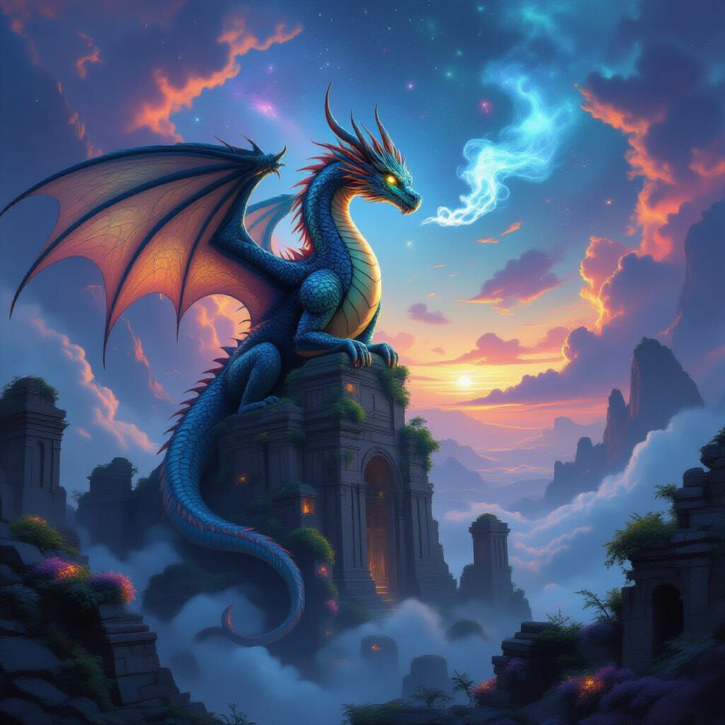 Dragon Perched Atop Bioluminescent Ruins