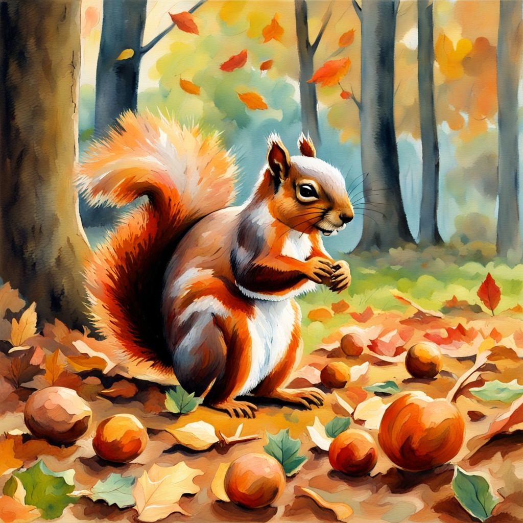 Squirrel Gathering Nuts in Gouache Style
