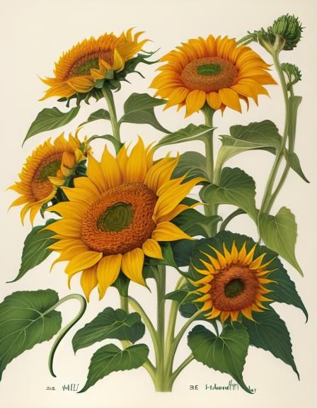 Classic Botanical Illustration of Blooming Sunflowers