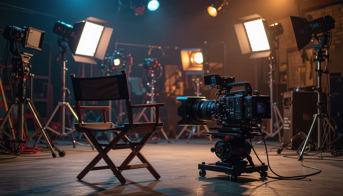 Empty Director's Chair in Film Studio with Cinema Camera