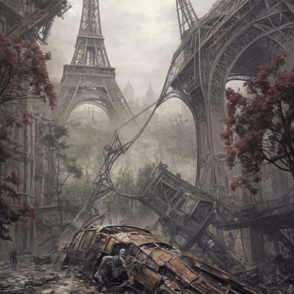 Post-Apocalyptic Eiffel Tower Ruins with Wildflowers