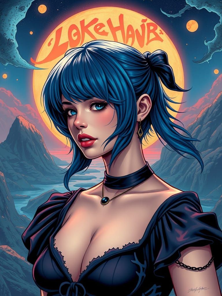 Blue hair Girl, lava  highlights,  Mark Brooks and Dan Mumford, comic book art, perfect, smooth