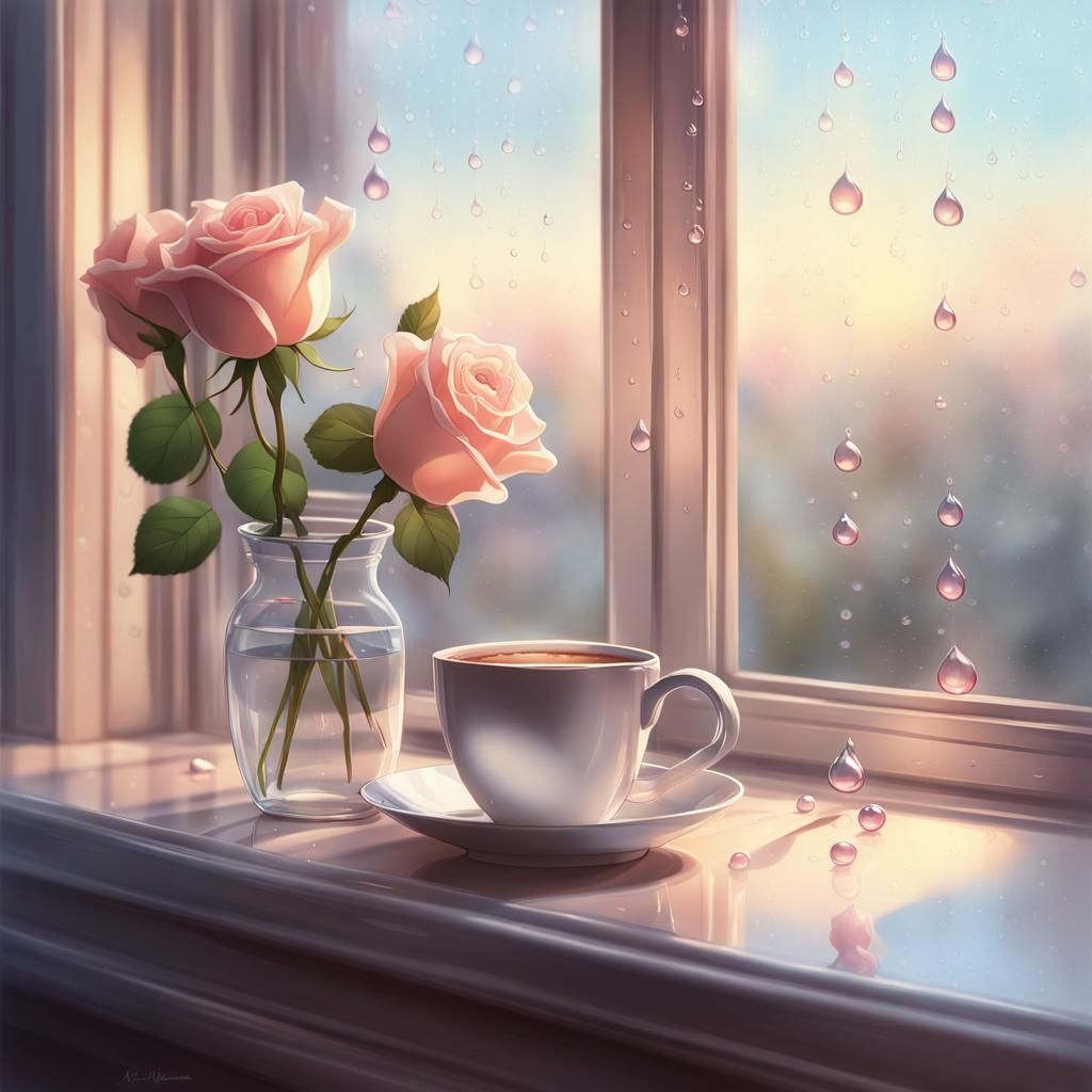 Pastel Rose and Coffee: Digital Painting in Morning Light