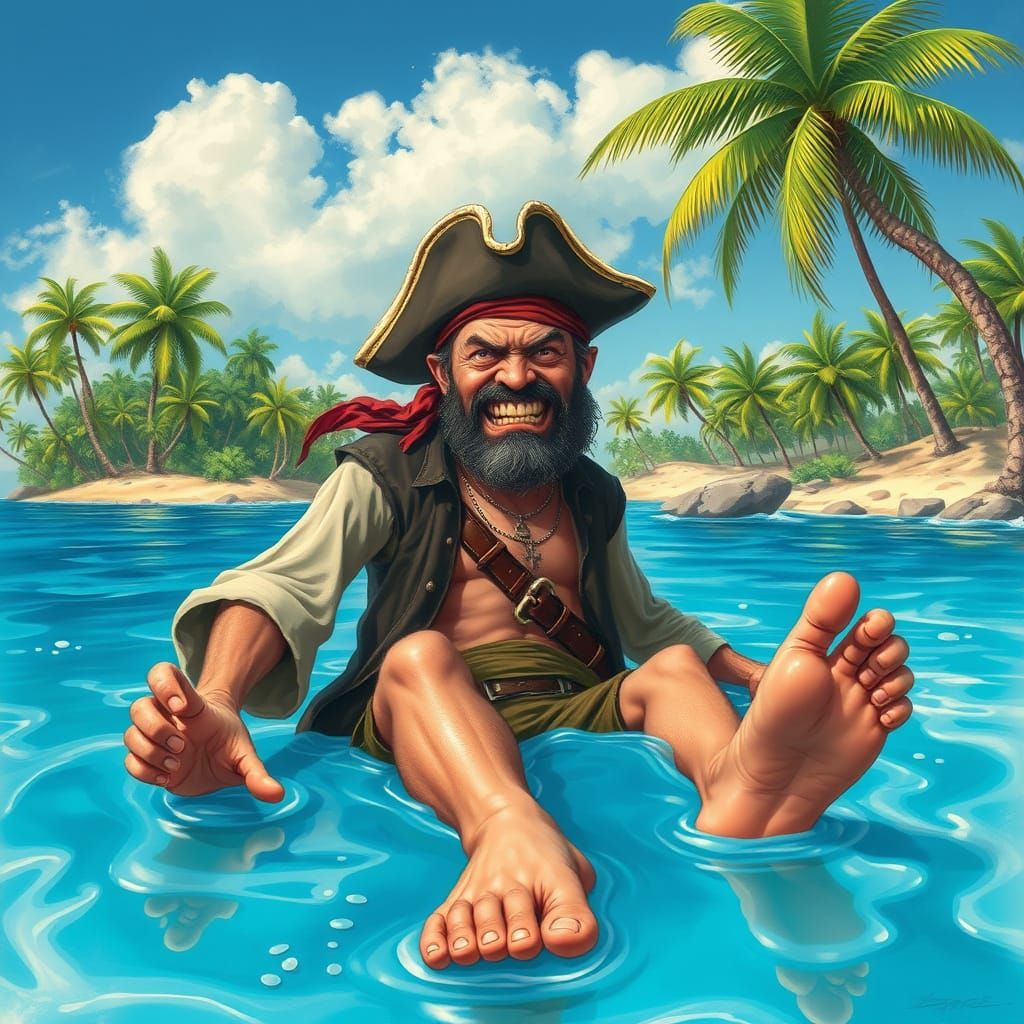 Pirate Struggling to Free Himself from Blue Glue on Tropical...