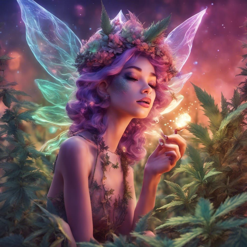 Iridescent Fairy Smokes Joint in Cannabis Garden