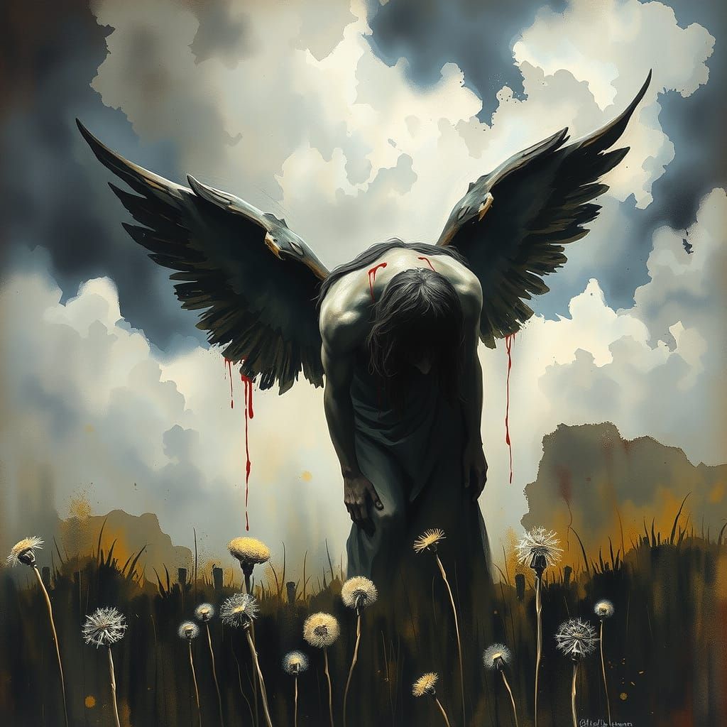 Distressing Watercolor Painting of Fallen Angel Amidst Dark ...