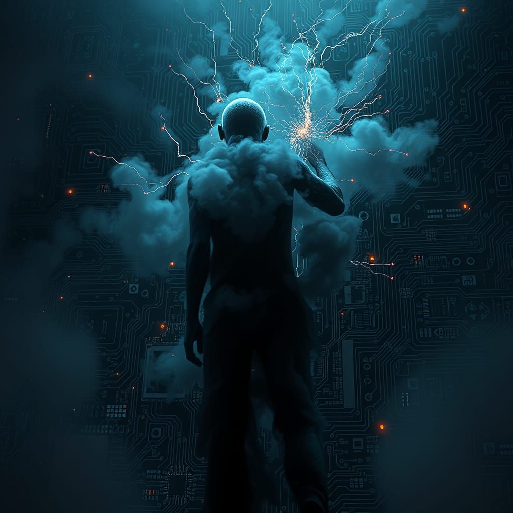 Dark Fog Humanoid Disrupts Circuit Board in Cyberpunk Style