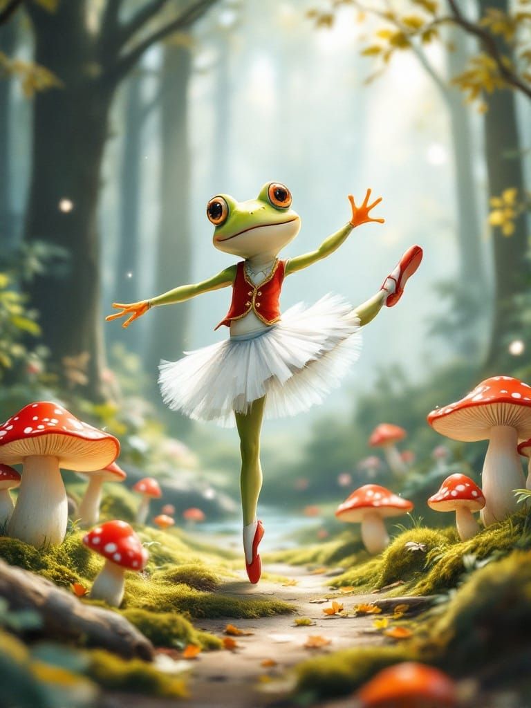 Frog Ballerina in Enchanted Forest, Watercolor Style