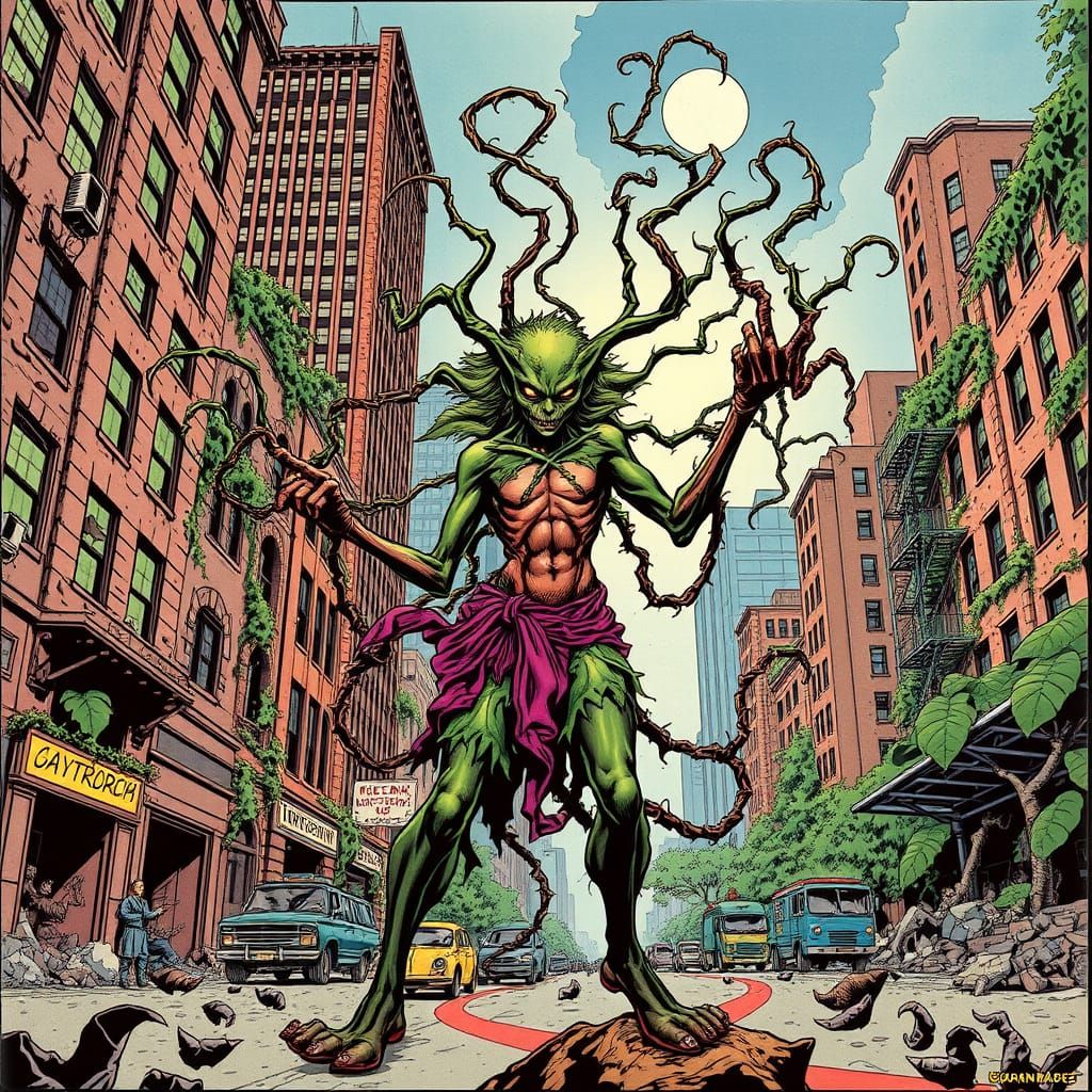 Menacing Dryad in Ruined City, Golden Age Comic Style