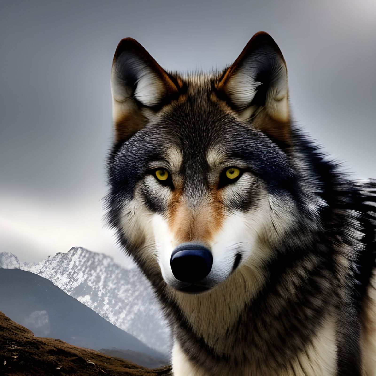Grey Wolf in Dark Fantasy Landscape