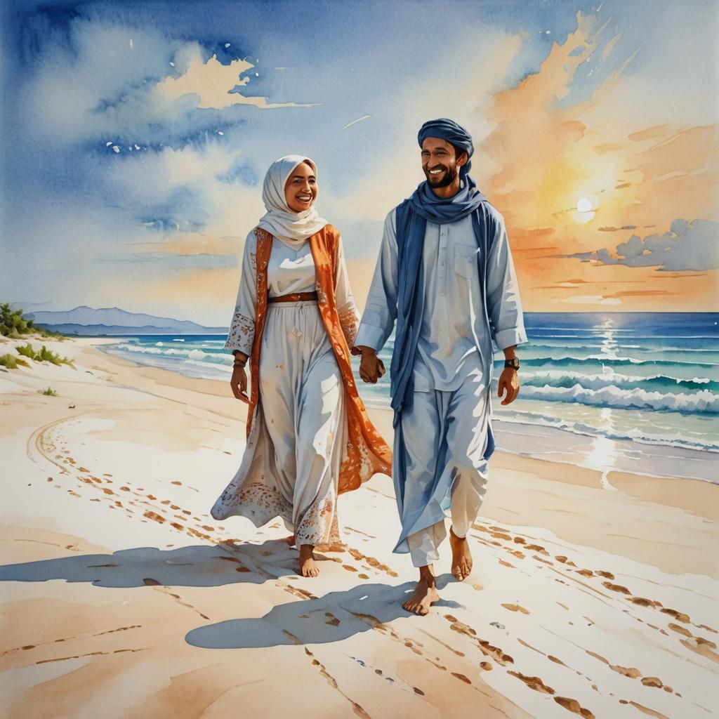 Watercolor Beach Scene with Couple in Warm Light