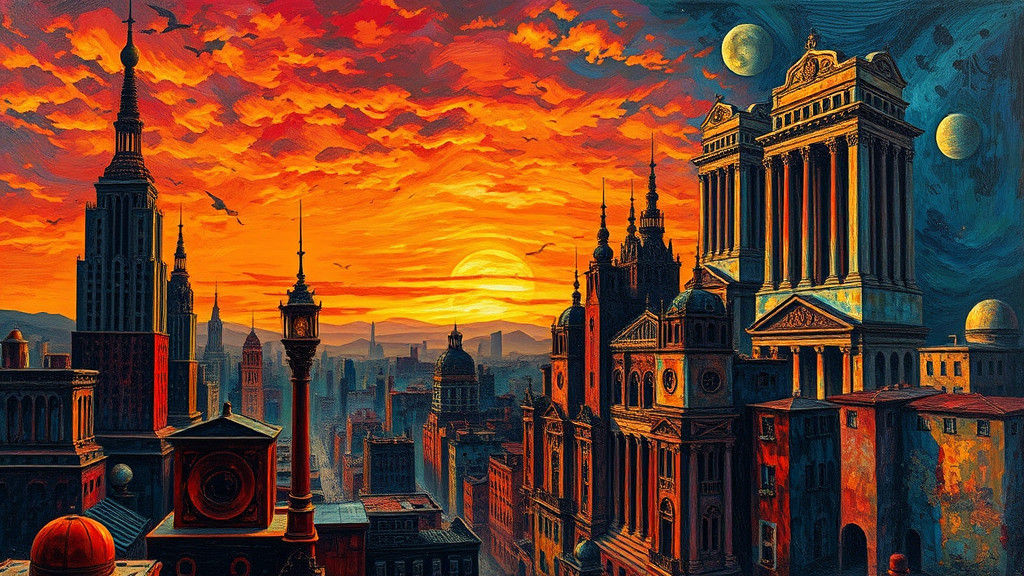 Surreal Dystopian Cityscape Album Cover as Impasto Painting