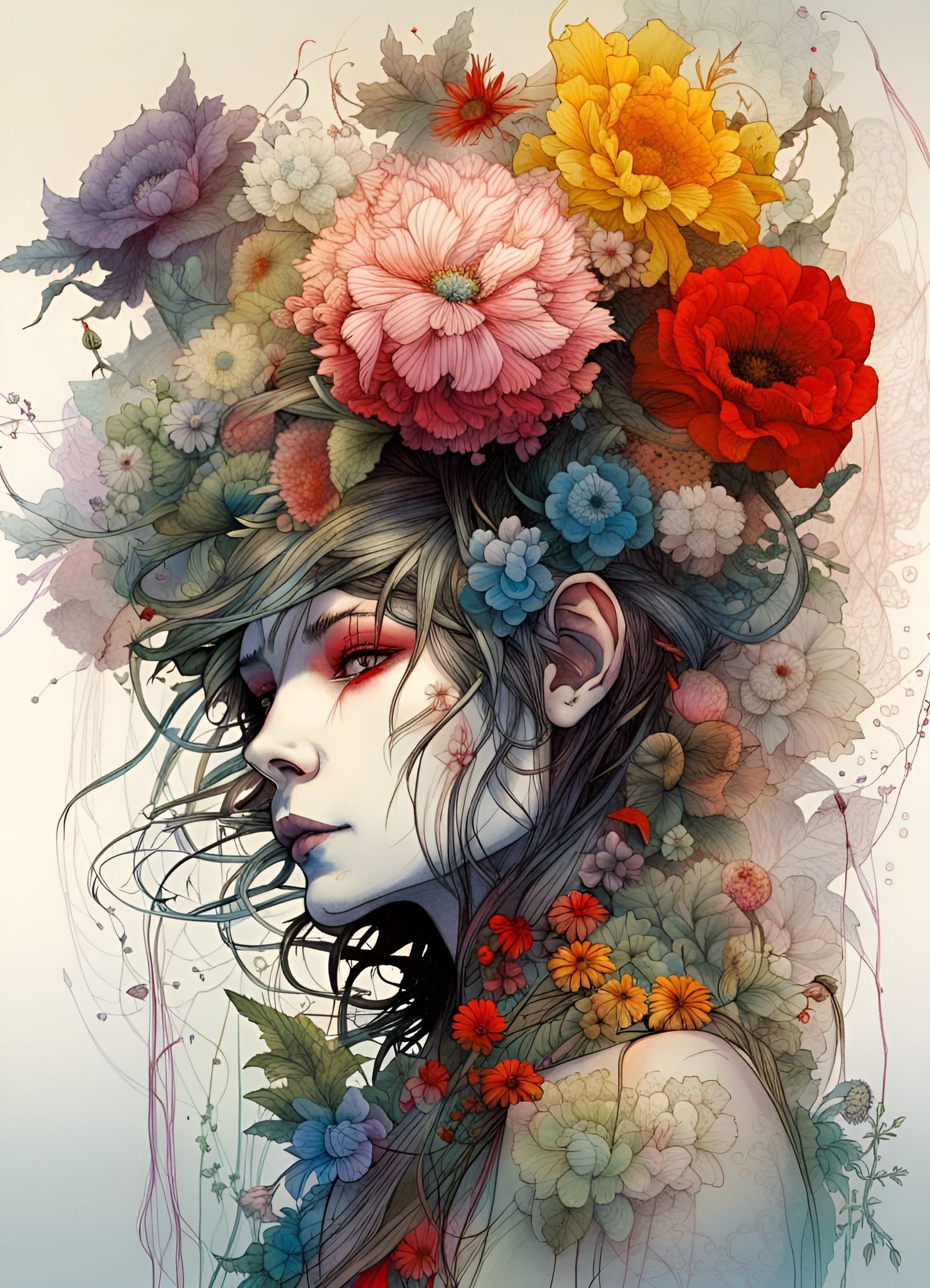 Detailed Flower Head Suit, Photorealistic Illustration