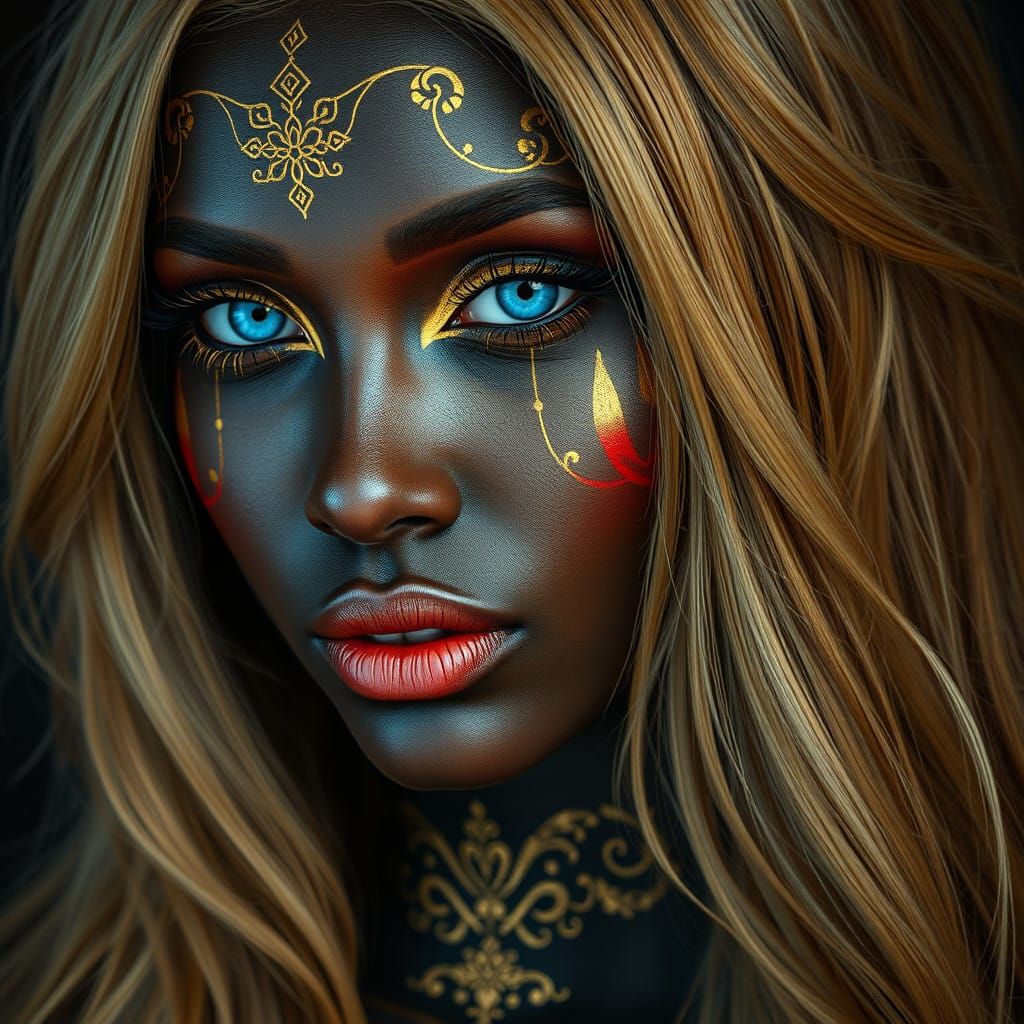 A very beautiful woman utopic with dark skin, sapphire blue eyes, golden hair, and golden makeup Which looks like a tatt...