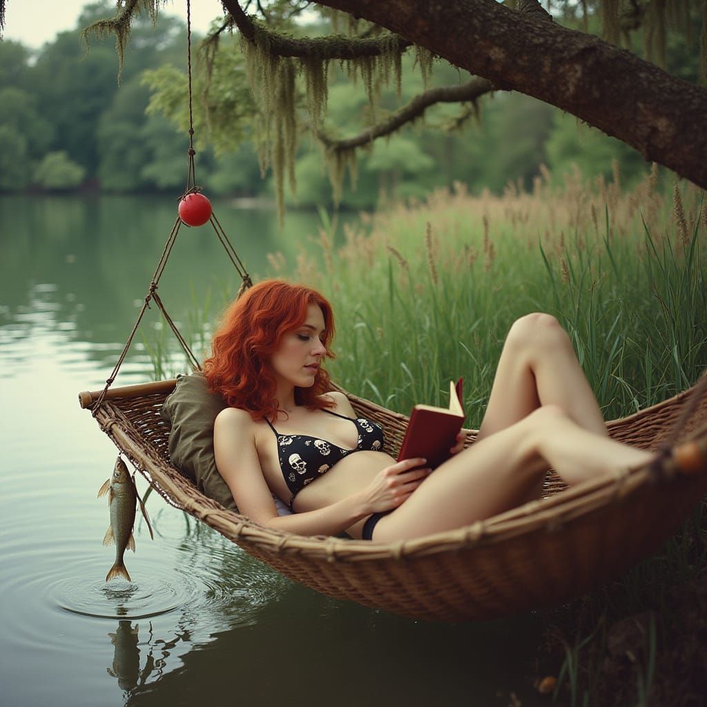 Bohemian Gothic Woman Lounging by Lake: Vintage Photo