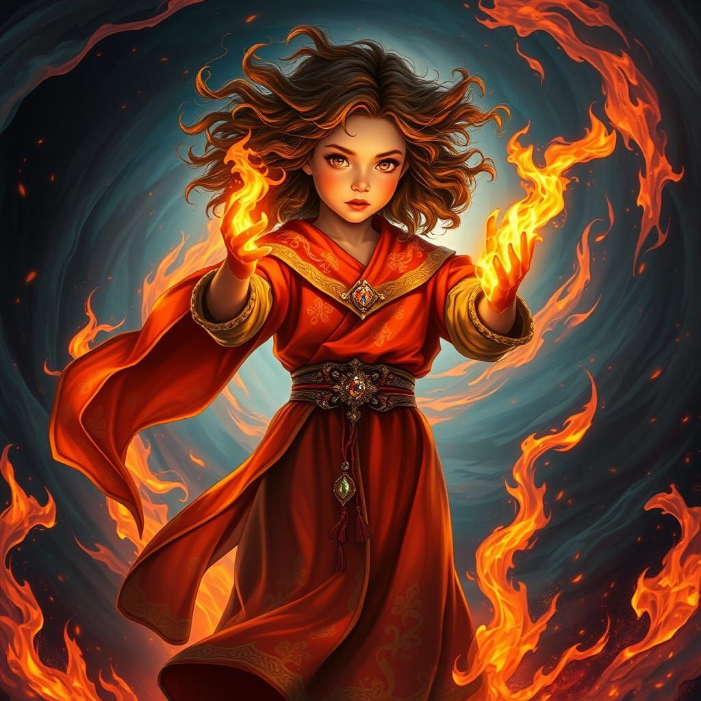 Girl Controlling Fire in a Swirling Vortex of Flames