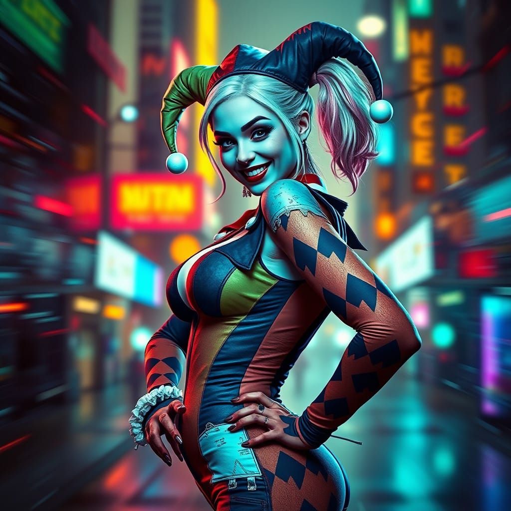 Vibrant Jester Harley Quinn in Cyberpunk Gotham