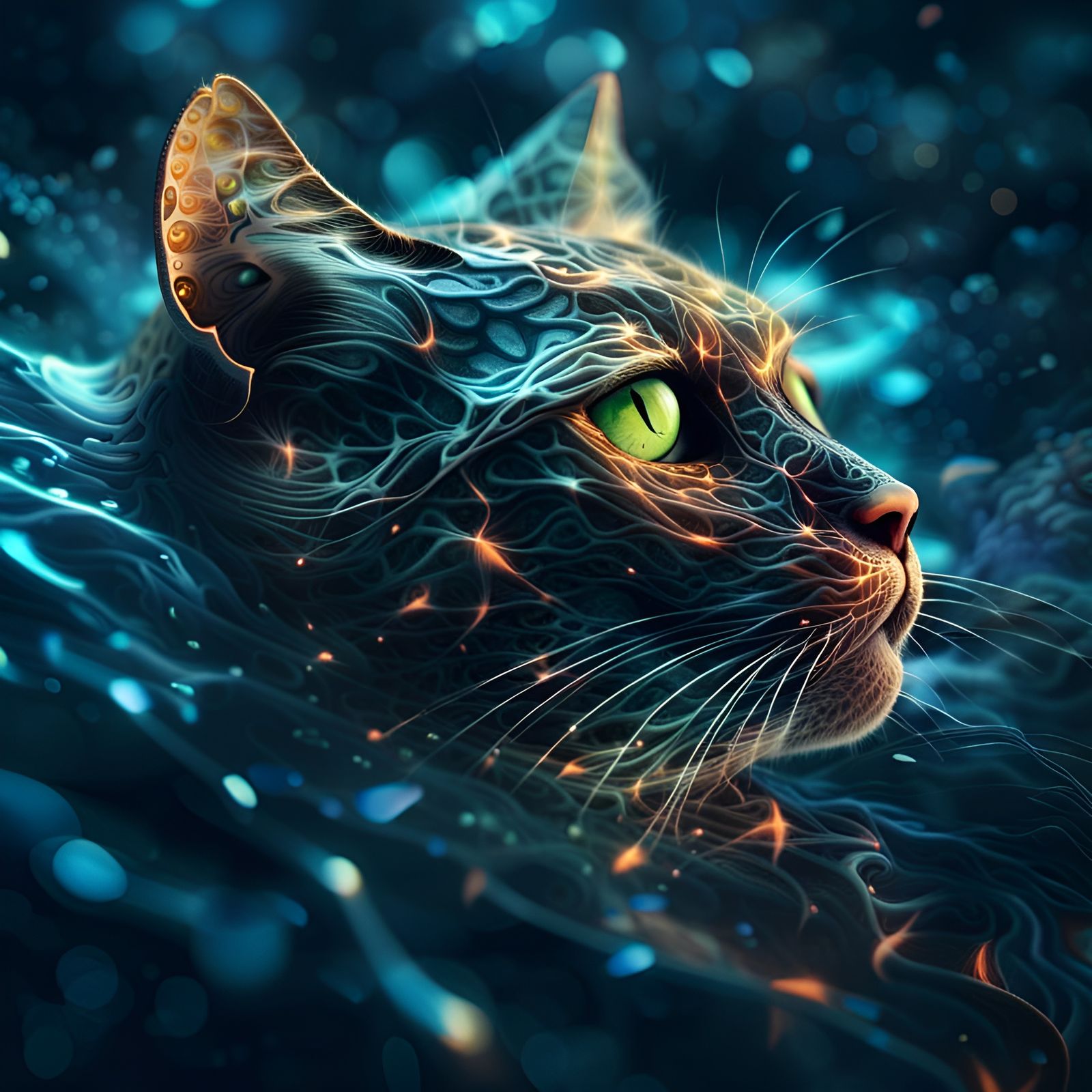 Fractal Space Cat in Digital Ocean