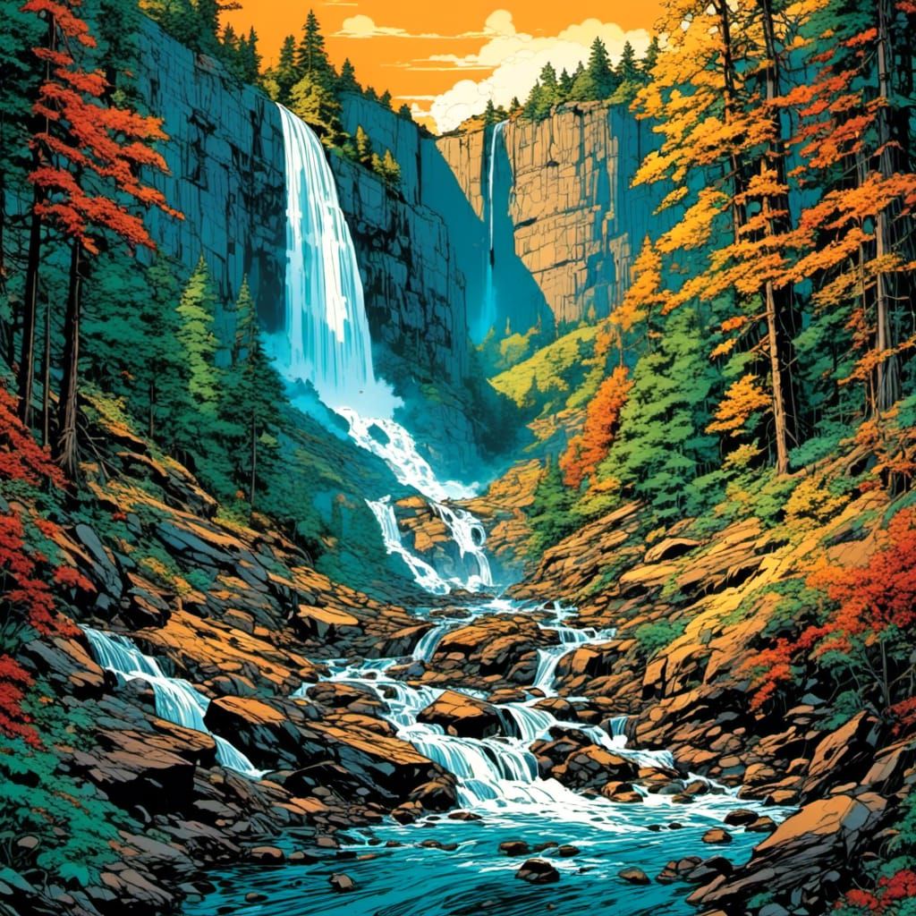 Majestic Waterfall in Graphic Novel Style
