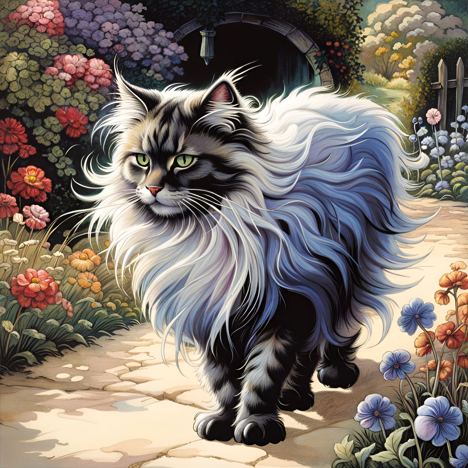 Beautiful fluffy fantasy cat walking away, art by arthur rackham, by Julie Bell, garden path, background fantasy cottage...