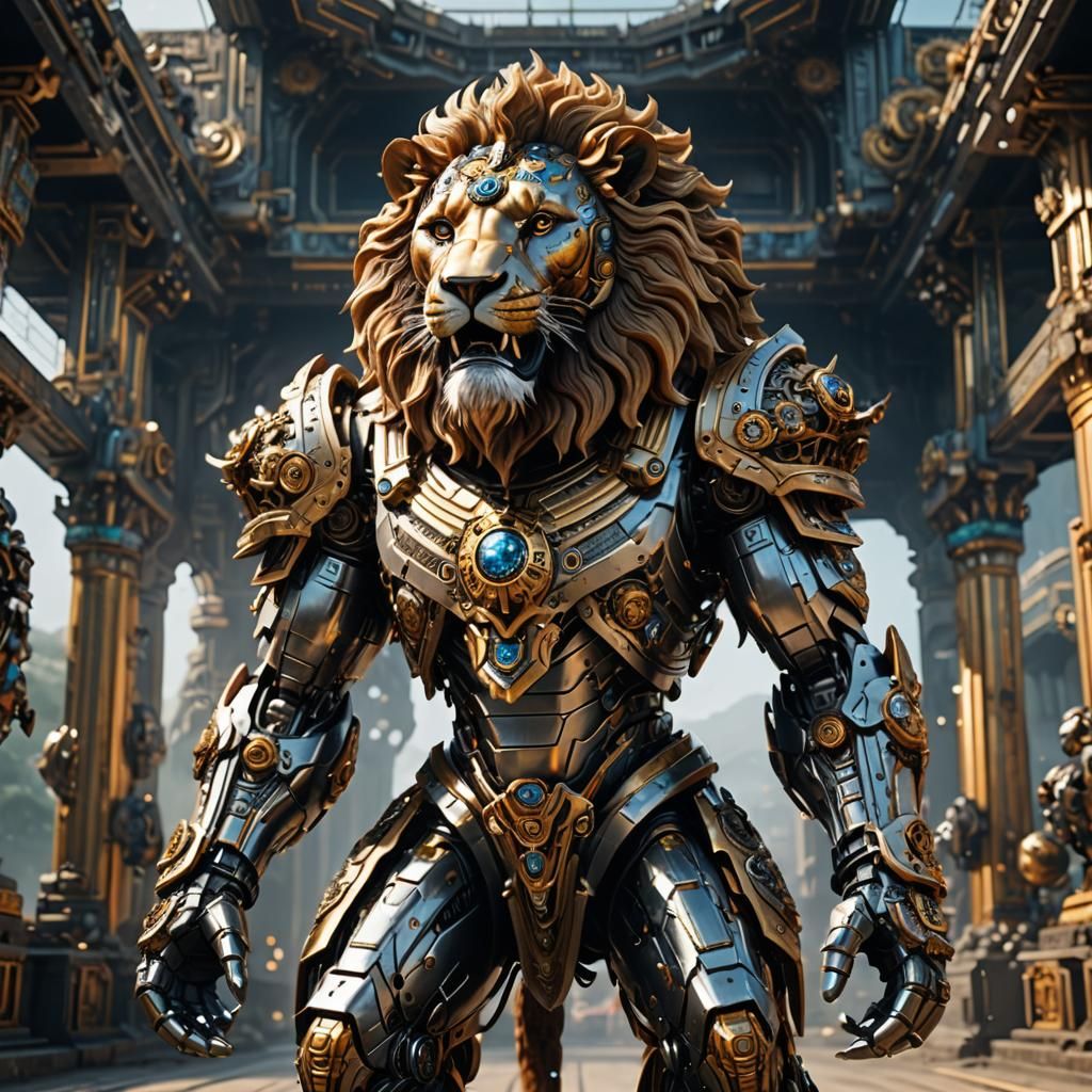 Devoted Lion Humanoid Praying to Vishnu in Sci-Fi Style