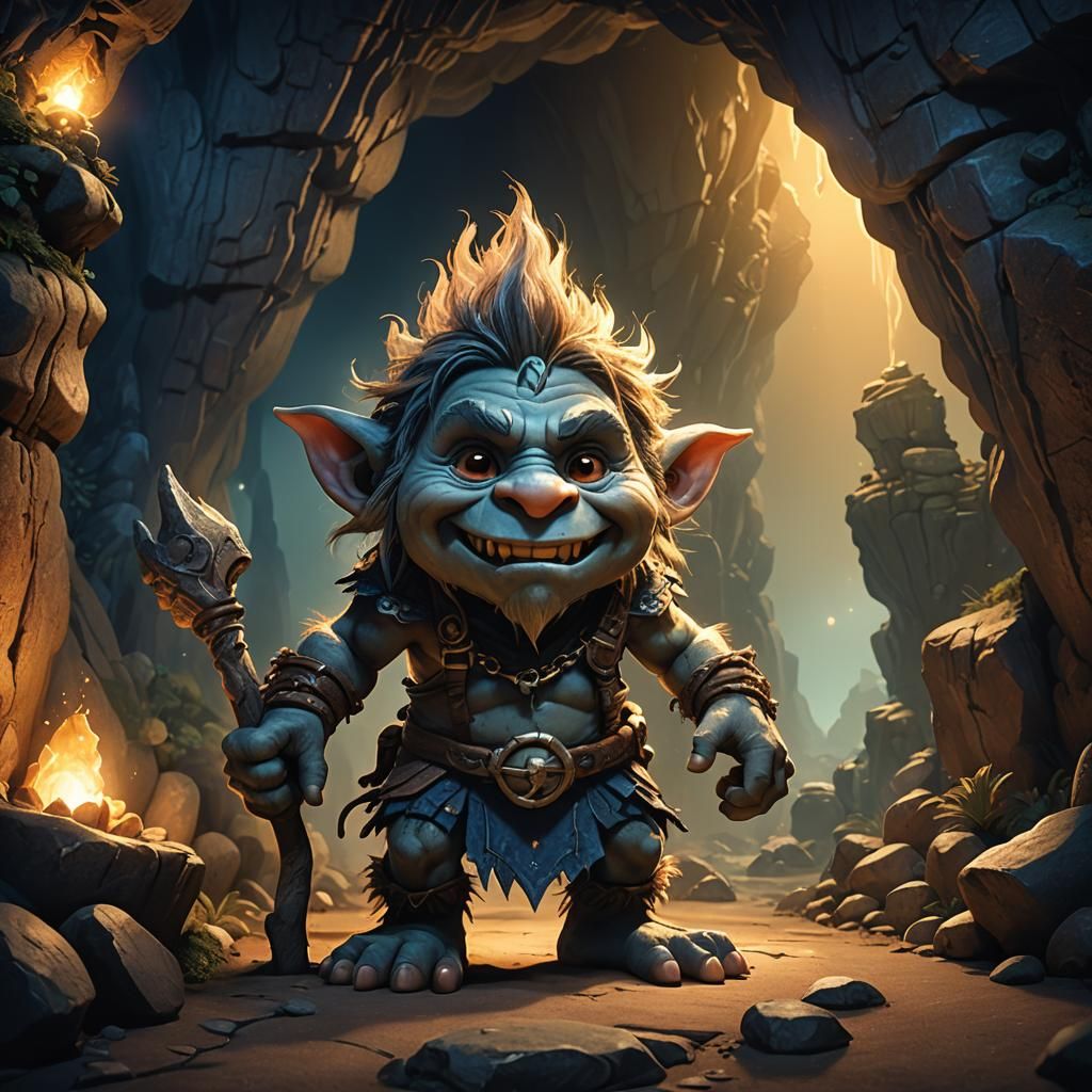 Chibi Troll in Mystical Cave: Fantasy Concept Art