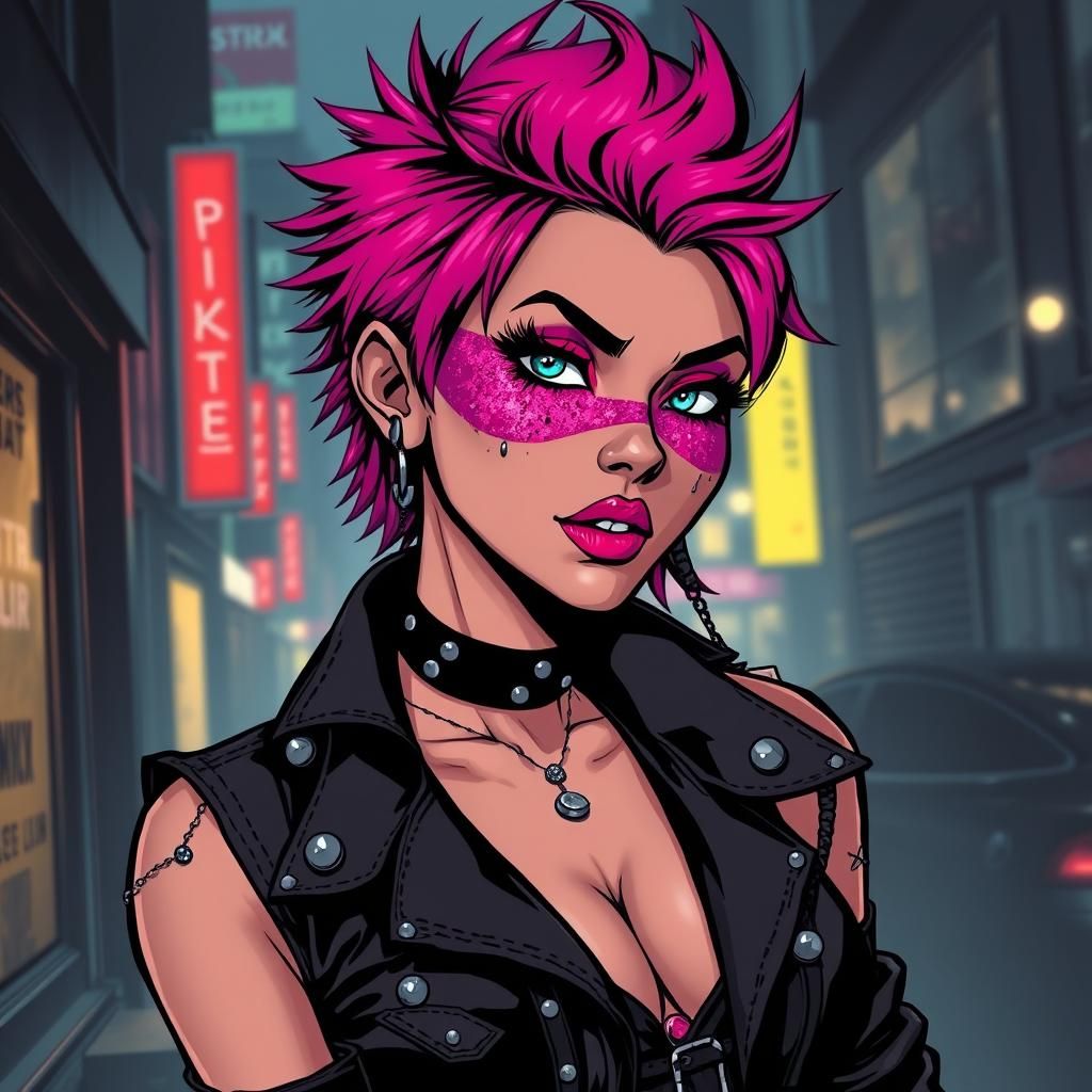 Edgy Punk Girl with Pink Hair, Comic Book Art