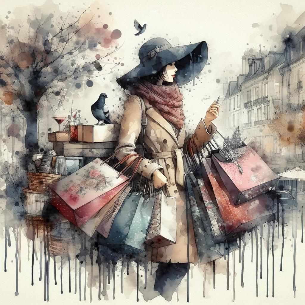 French Girl Shopping: Dripping Watercolour Art