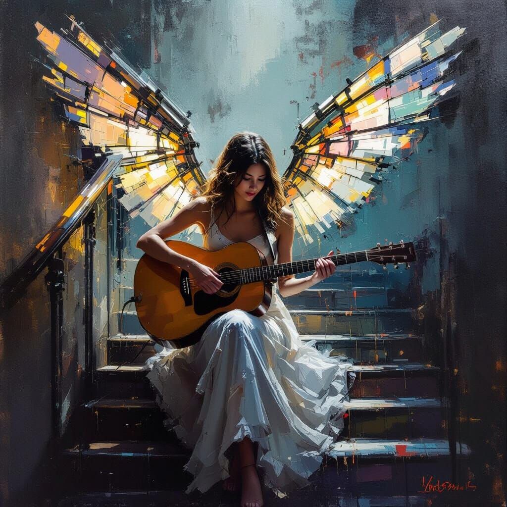 Woman Guitarist with Mechanical Wings in Digital Impasto
