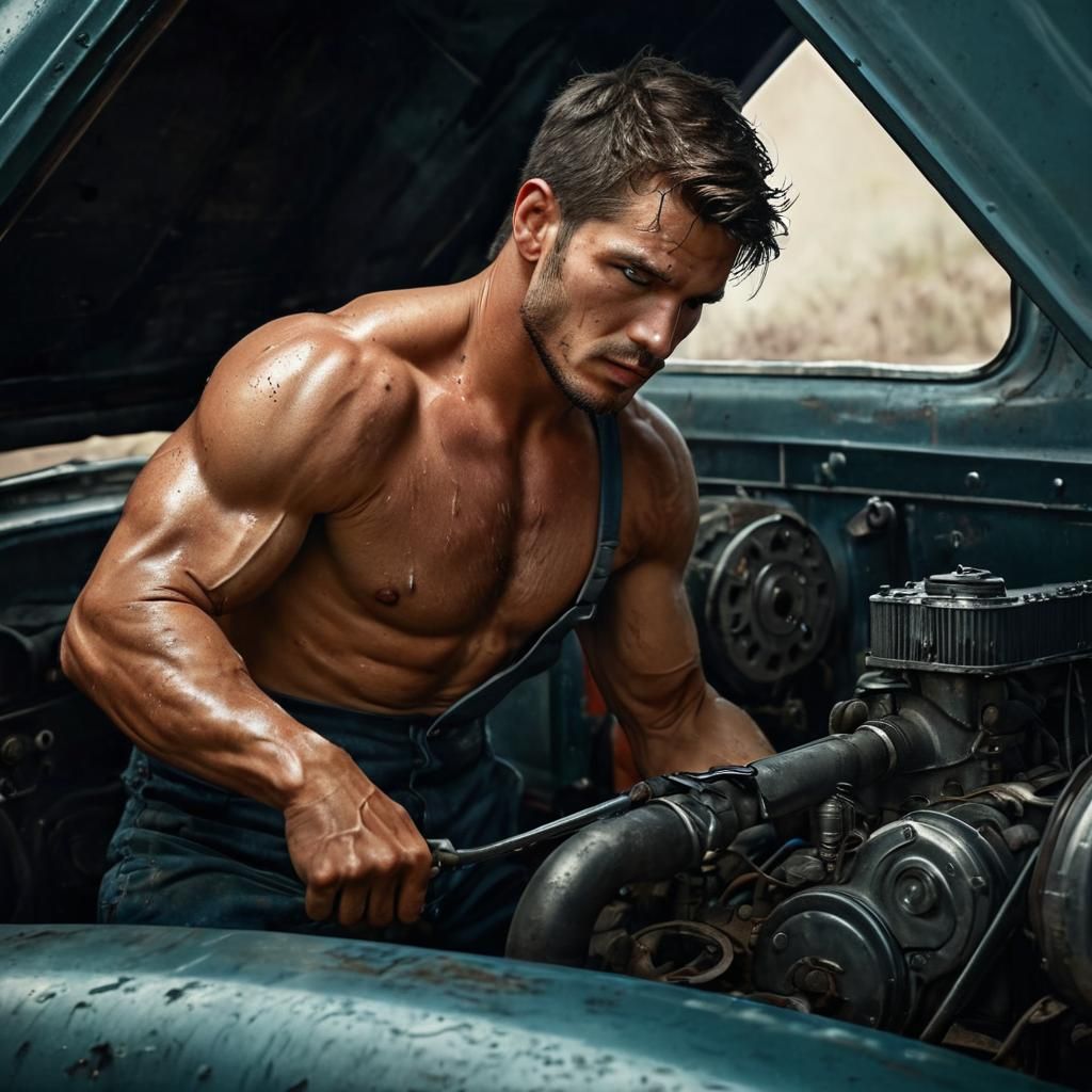 Gritty Black and White Portrait of a Shirtless Mechanic