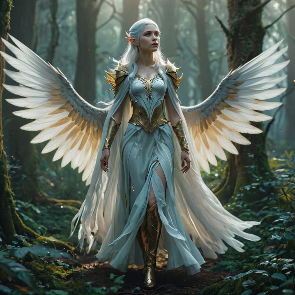 Elf with Feathery Wings in Misty Forest