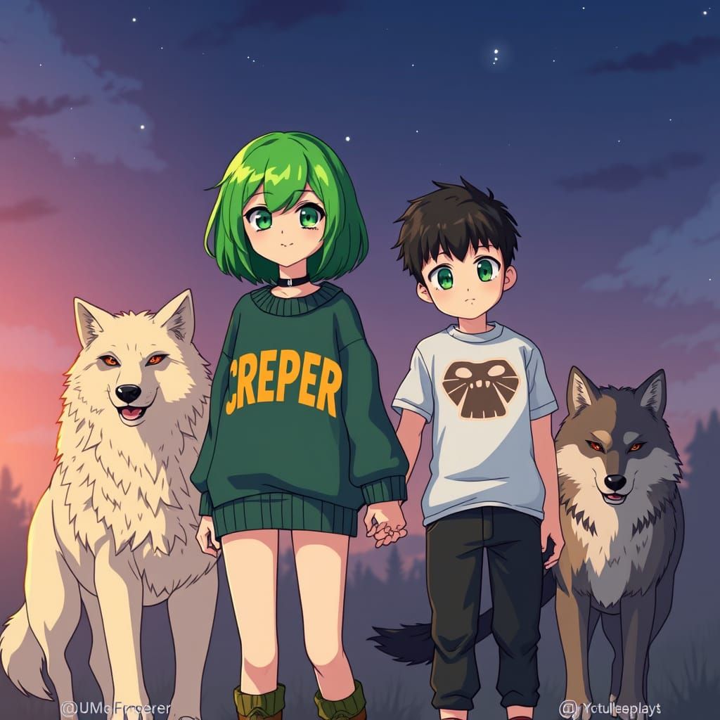 Anime Style: Creeper Girl with Boy and Wolves