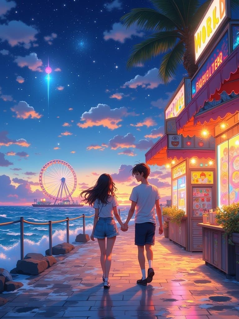 Anime Couple on Boardwalk at Night in Ghibli Style