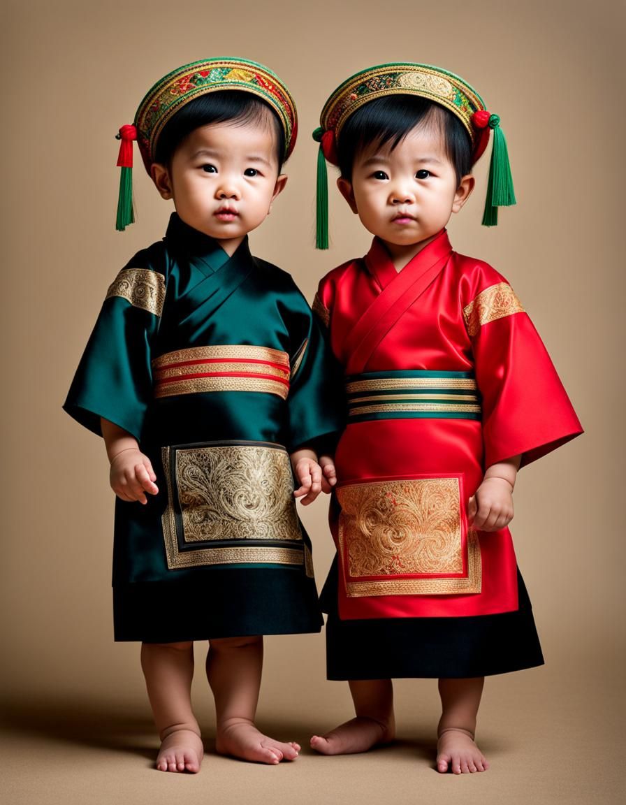 Vietnamese Twin Toddlers in Traditional Dress