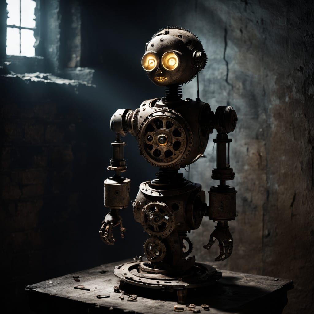 Steampunk Clockwork Doll Illuminates Darkened Chamber